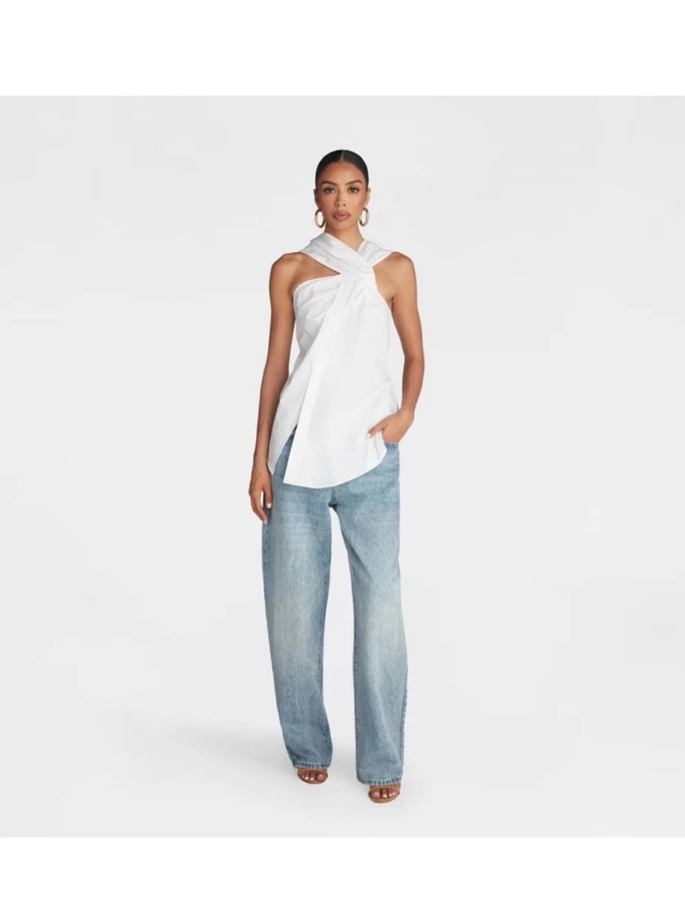 Twist-Neck Button Down Top in White